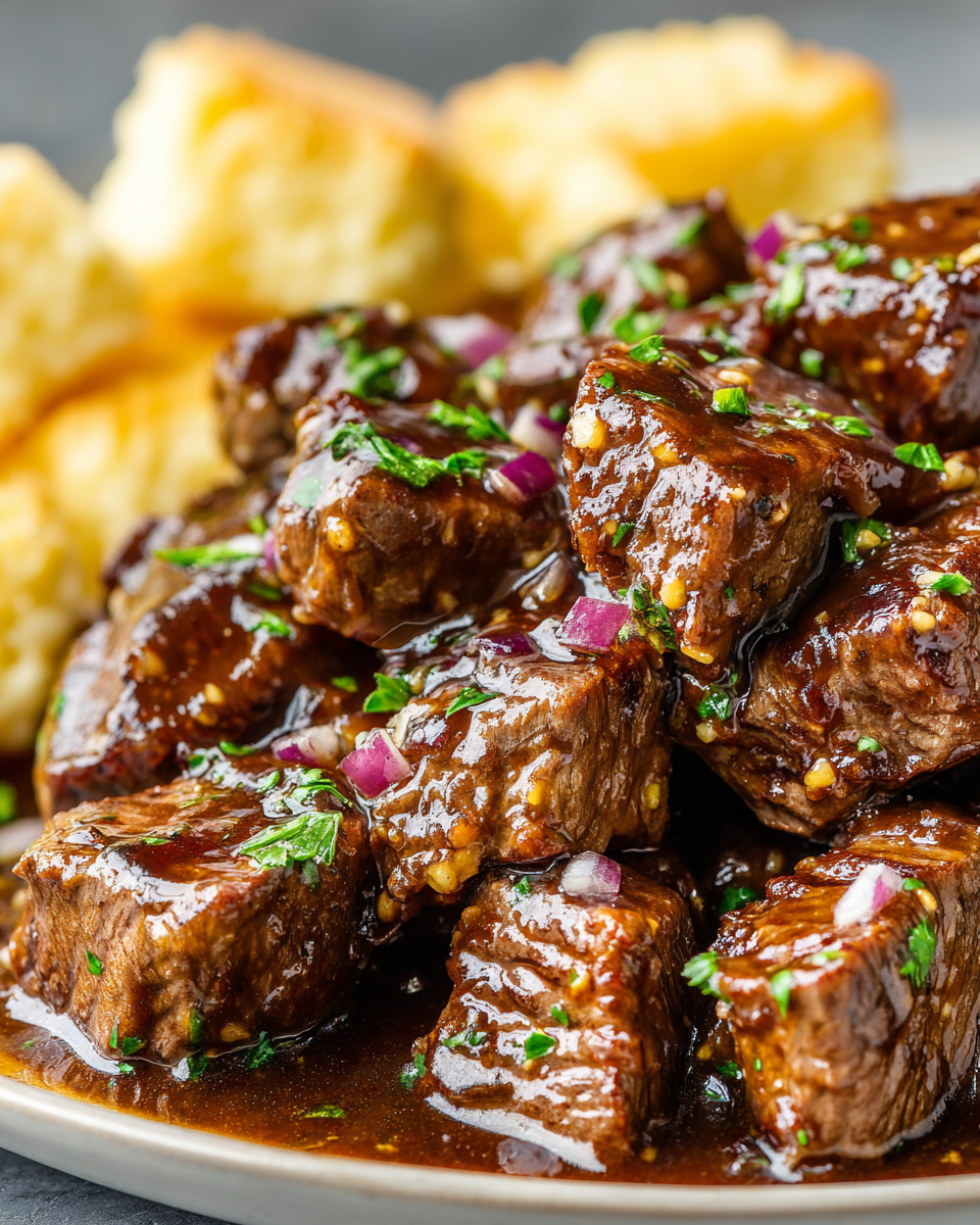 Professional food photography of no peek beef tips are, featuring delicious and rich and classic and cream, red and green and brown tones, cozy presentation, magazine quality, high detail, Amateur photo from reddit. Taken with an iPhone 15 Pro, professional, detailed, sharp focus --ar 4:5 --p z44kuos srvb5hr