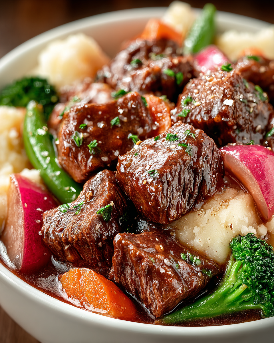 Professional food photography of no peek beef tips are, featuring delicious and rich and classic and cream, red and green and brown tones, cozy presentation, magazine quality, high detail, Amateur photo from reddit. Taken with an iPhone 15 Pro, professional, detailed, sharp focus --ar 4:5 --p z44kuos srvb5hr