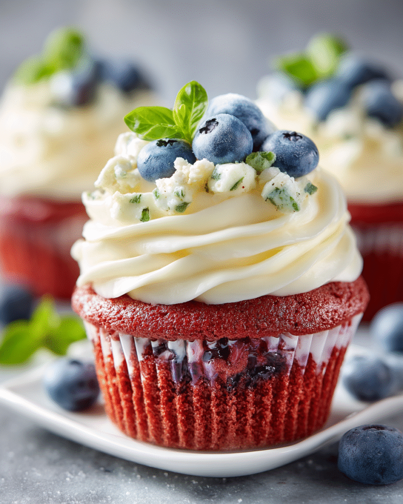 Blueberry Mascarpone Red Velvet Cupcakes with a Thai Basil Drizzle