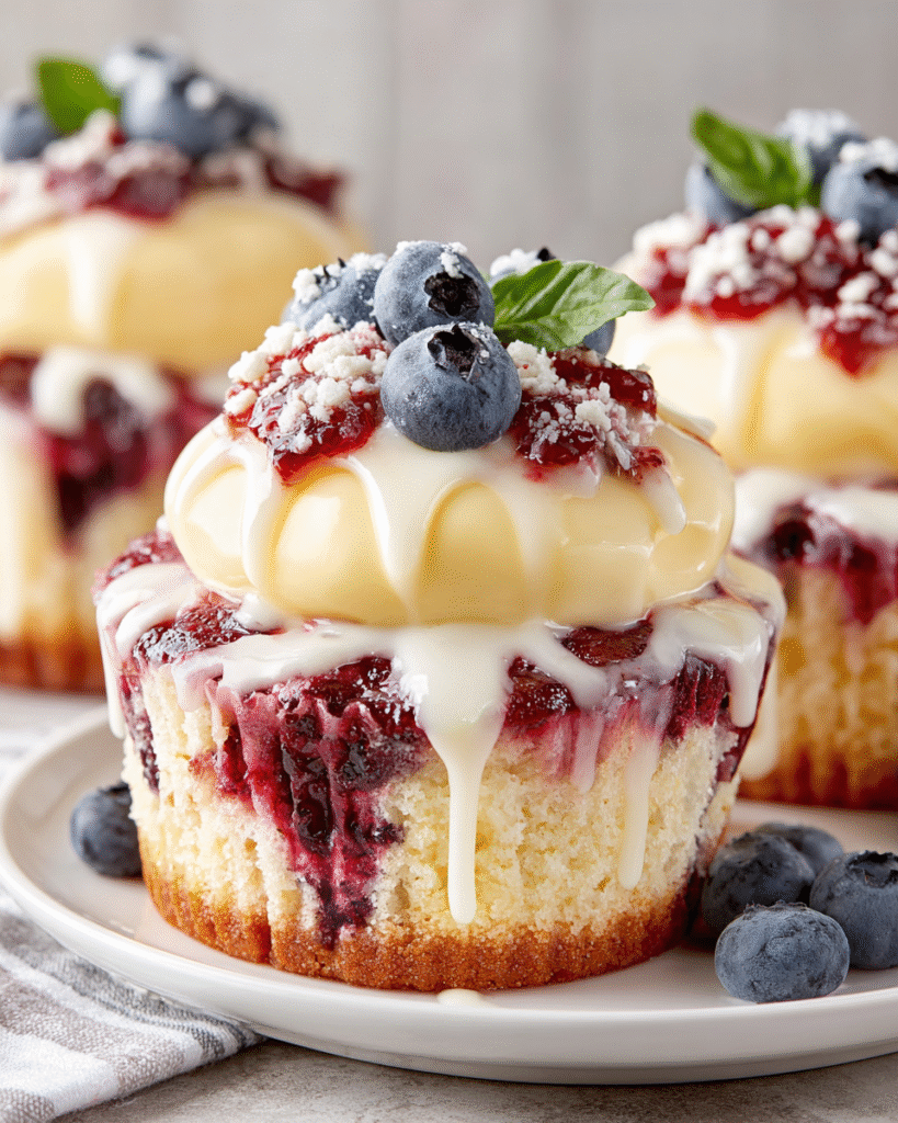 Blueberry Mascarpone Red Velvet Cupcakes with a Thai Basil Drizzle