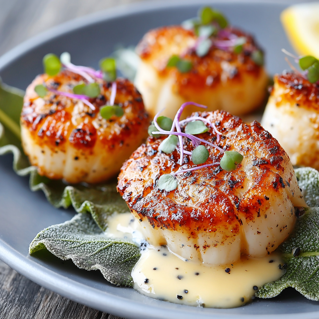 Miso-Brown Butter Scallops on a Sage Leaf