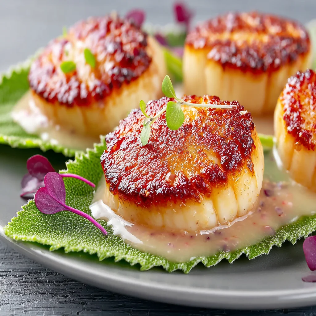 Miso-Brown Butter Scallops on a Sage Leaf